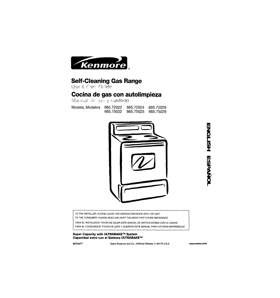 Kenmore 665.72024, 665.75029 manual Cocina de gas con autolimpieza, Sears Roebuck and Go., Hoffman Estates, IL 63179U,S 