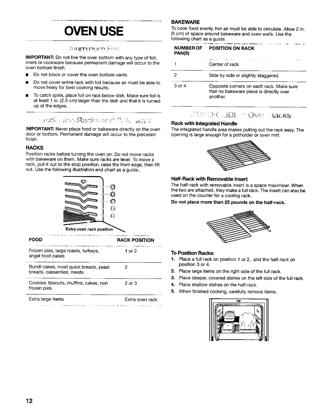 Kenmore 665.75029, 665.72024, 665.72022, 665.72029, 665.75022, 665.75025 manual Oven USE, Racks, Rack Position, Bakeware, Pans 