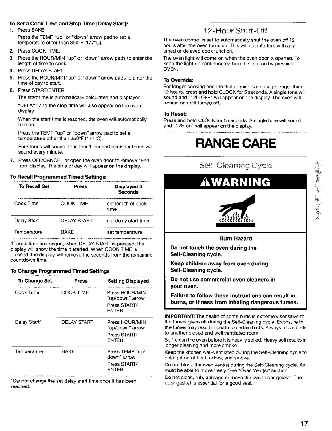 Kenmore 665.75025 Range Care, Hour St t-Ofi, To Recall Programmed Timed Settings, To Recall Set Press Displayed Seconds 