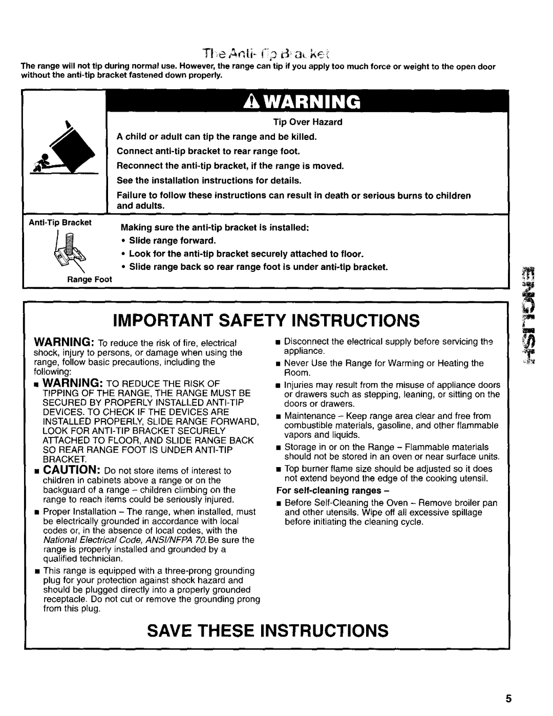 Kenmore 665.75025 Important Safety Instructions, Save These Instructions, Tip Over Hazard, Anti-TipBracket, Range Foot 