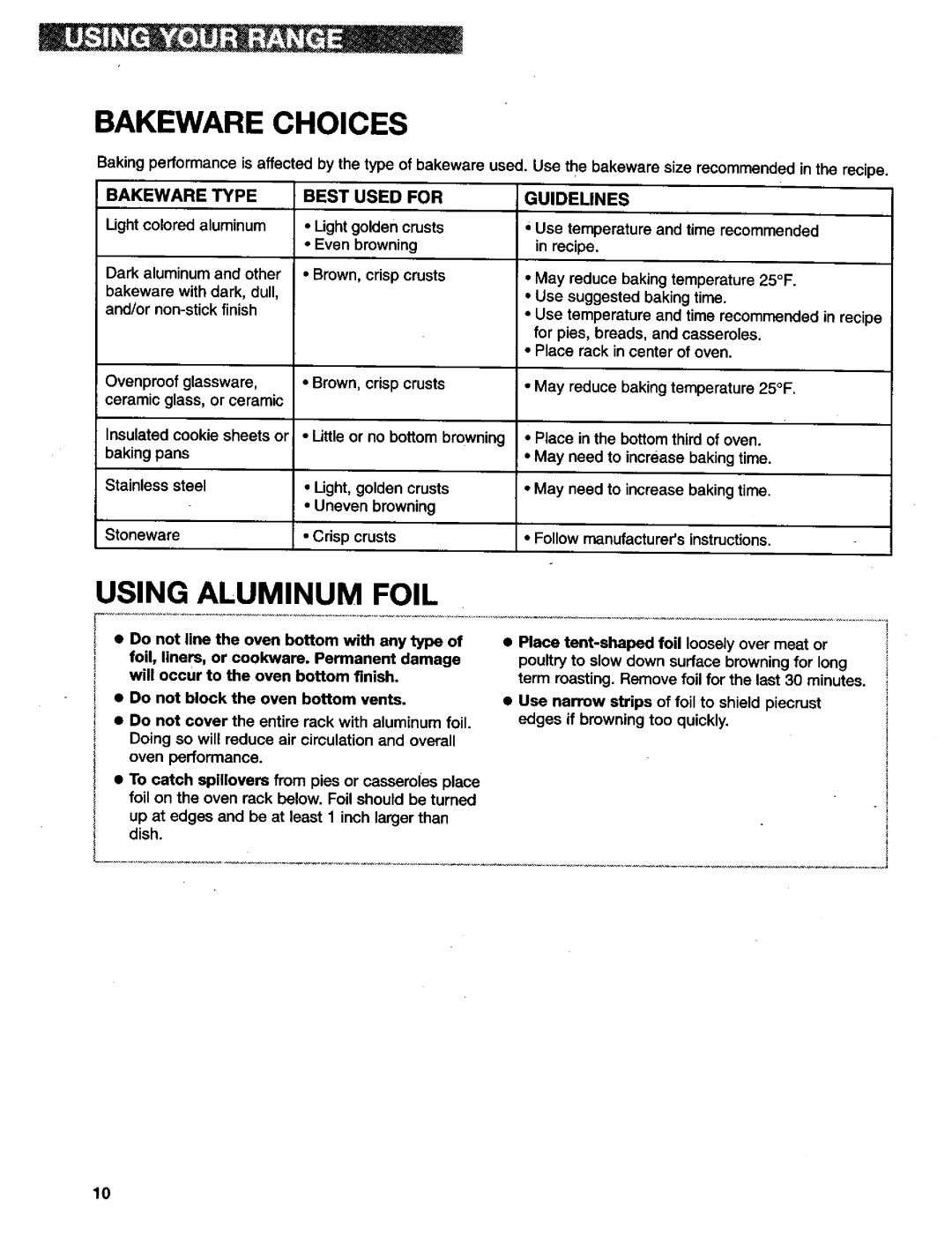 Kenmore 665.75839, 665.75837, 665.75832 manual Bakeware Choices, Using Aluminum Foil, Bakeware Type Best Used for 