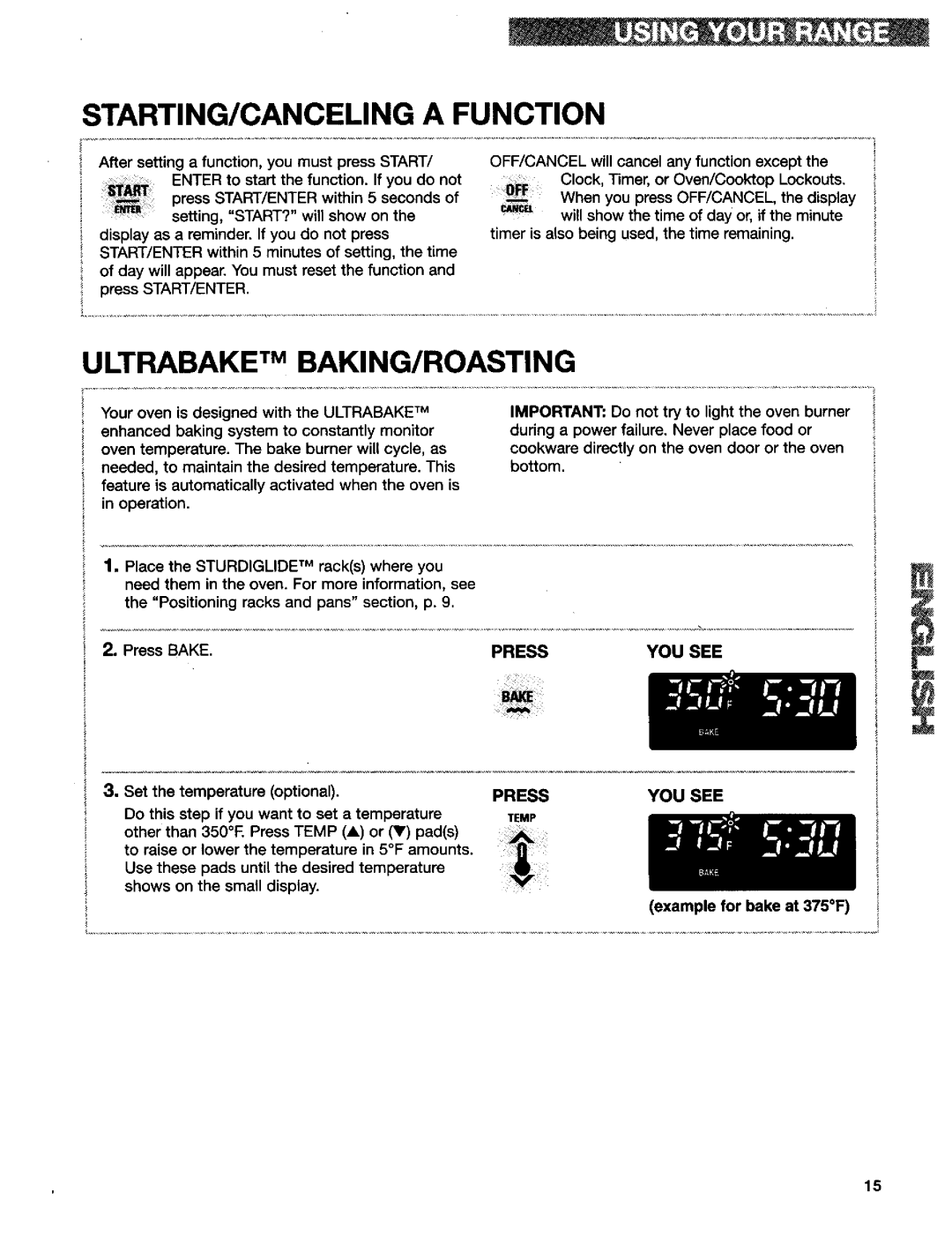 Kenmore 665.75837, 665.75839, 665.75832 manual STARTING/CANCELING a Function, Example for bake at 375F 