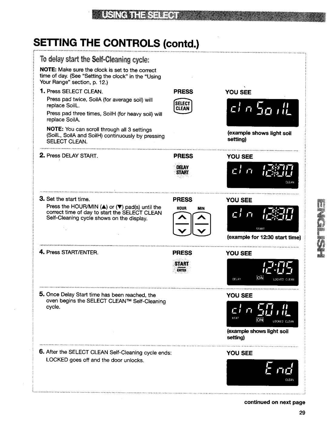 Kenmore 665.75832 Del y starttheSelf-Cl ni cycle, Your Range section, p, Example shows light soil, Set the start time 