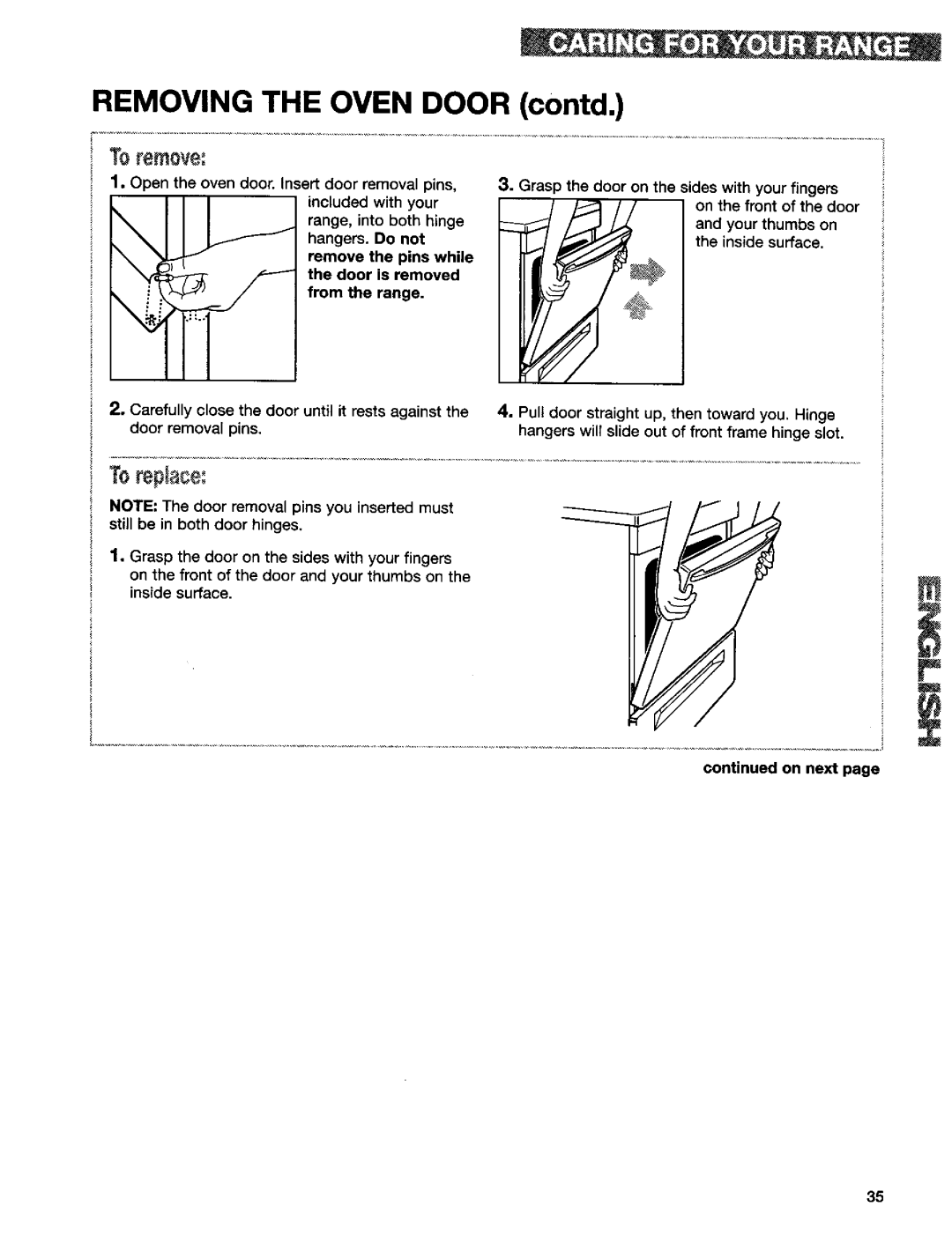 Kenmore 665.75832, 665.75837 manual Removing the Oven Door contd, Remove the pins while the door is removed From the range 