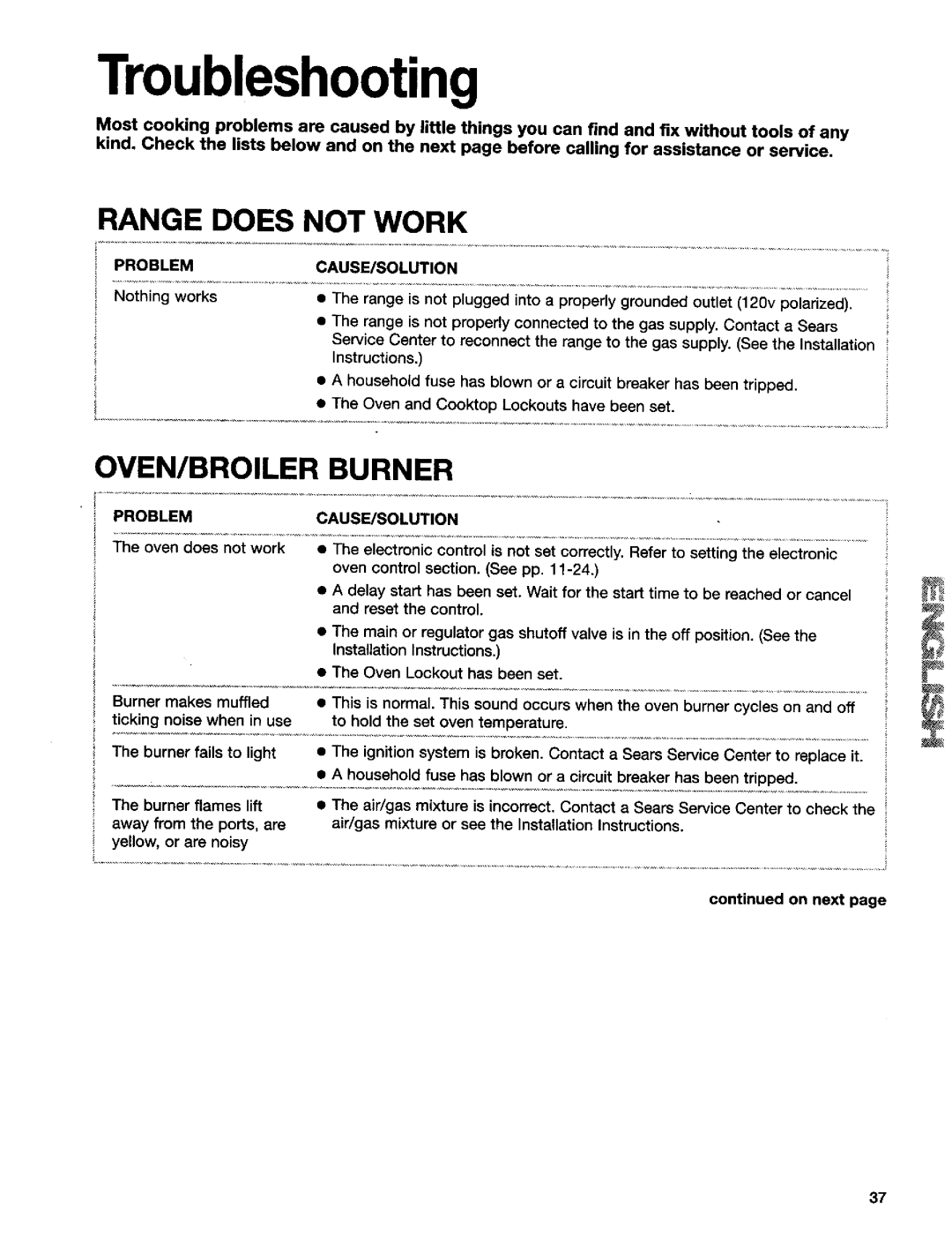 Kenmore 665.75839, 665.75837 manual Range does not Work, OVEN/BROILER Burner, Problem CAUSE/SOLUTION, Oven does not work 