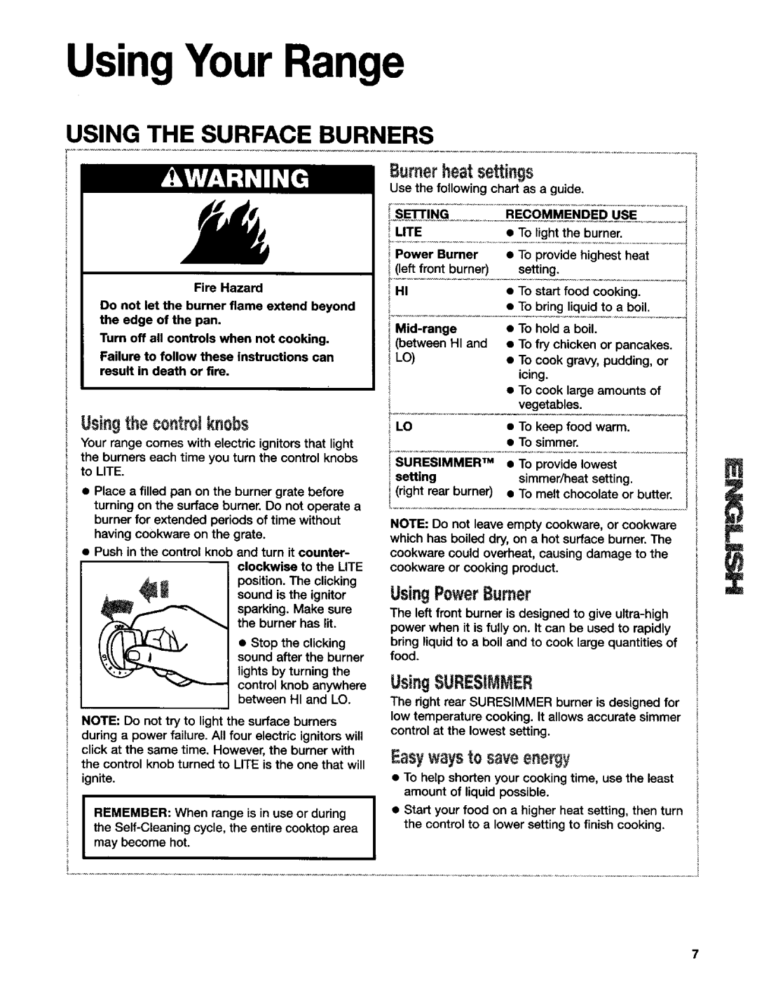 Kenmore 665.75839 UsingYour Range, Using the Surfaceburners, Gurnerheatsettings, Usingthe c0ntt01knobs, UsingPowerBurner 