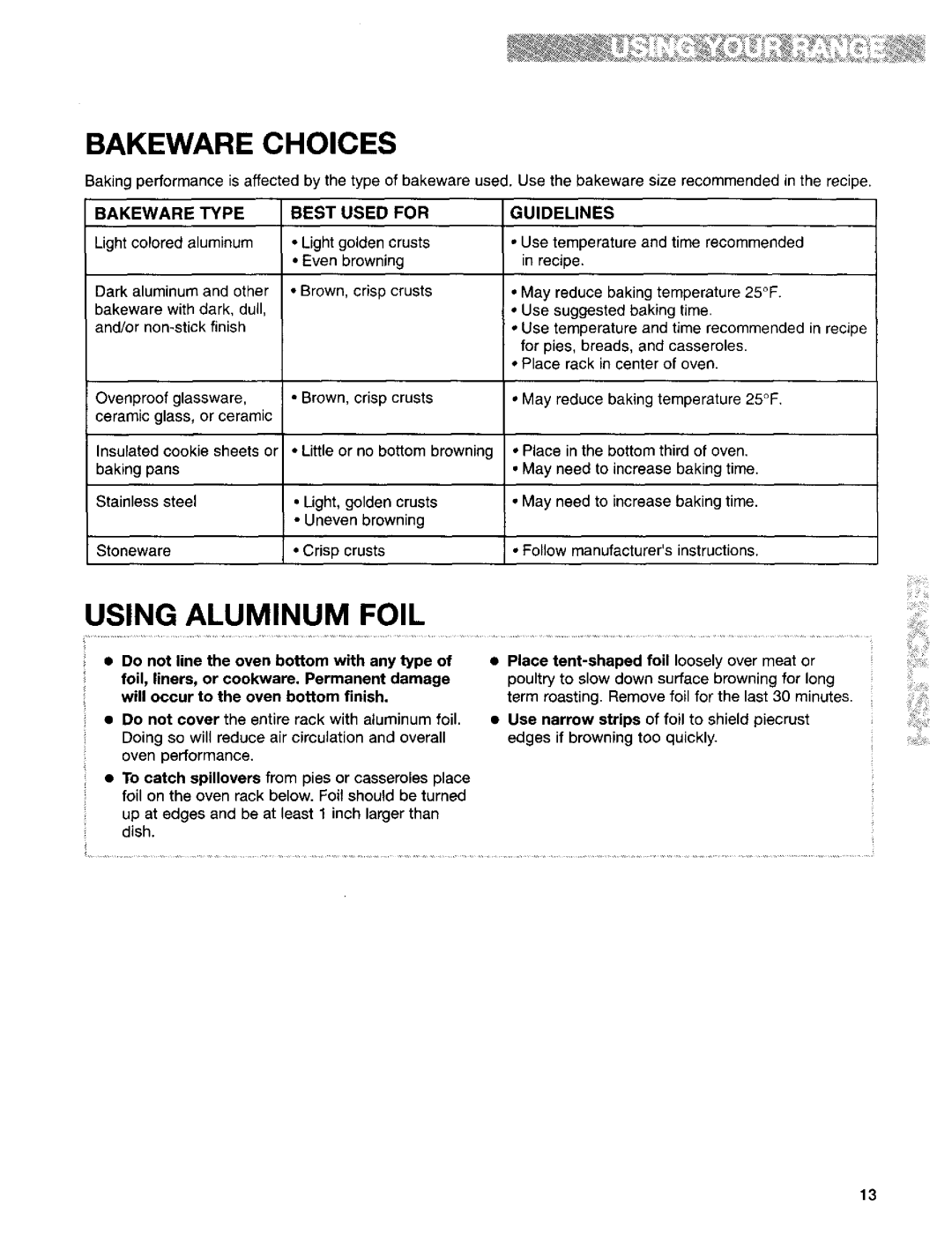 Kenmore 665.95824, 665.95822, 665.95829 manual Bakeware Choices, Using Aluminum Foil, Bakeware Type Best Used For Guidelines 