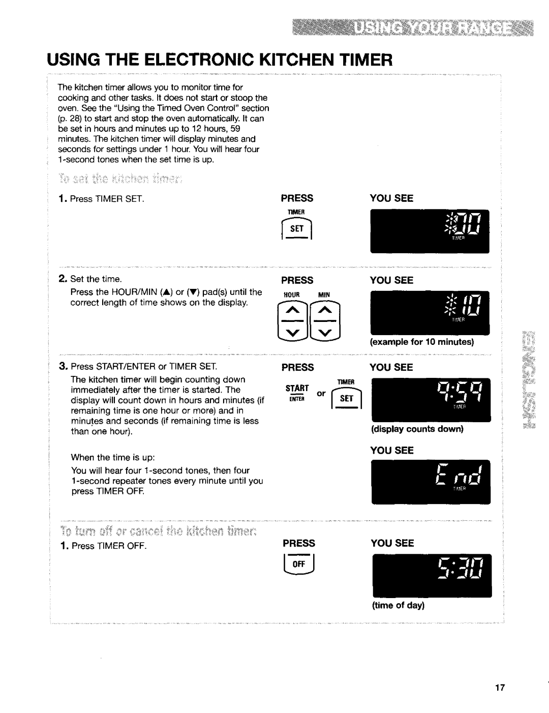 Kenmore 665.95829, 665.95822 Using the Electronic Kitchen Timer, Example for 10 minutes, STARTENTERor Display counts down 