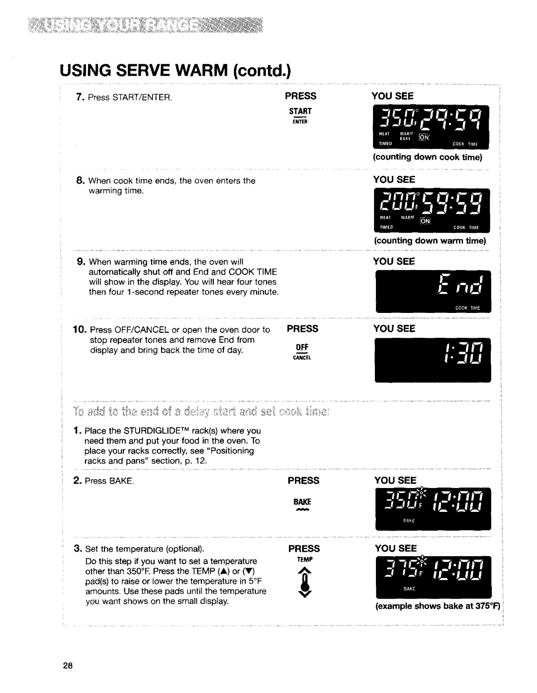 Kenmore 665.95824, 665.95822, 665.95829 manual Counting down cook time, Counting down warm time, Example shows bake at 375F 