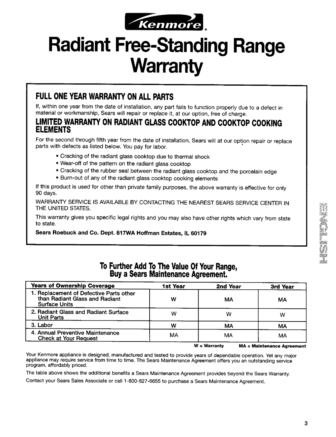 Kenmore 665.95822, 665.95824, 665.95829 manual Warranty, Sears Roebuck and Co. Dept WA Hoffman Estates, IL 