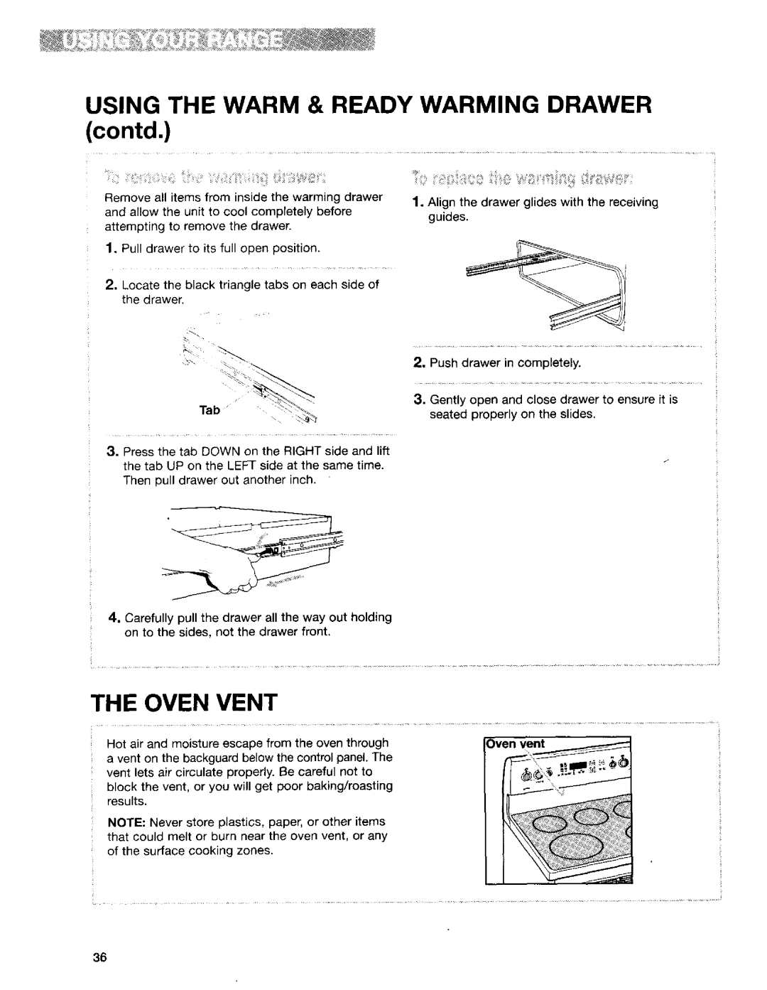 Kenmore 665.95822, 665.95824, 665.95829 manual Using the Warm & Ready Warming Drawer contd, Oven Vent 