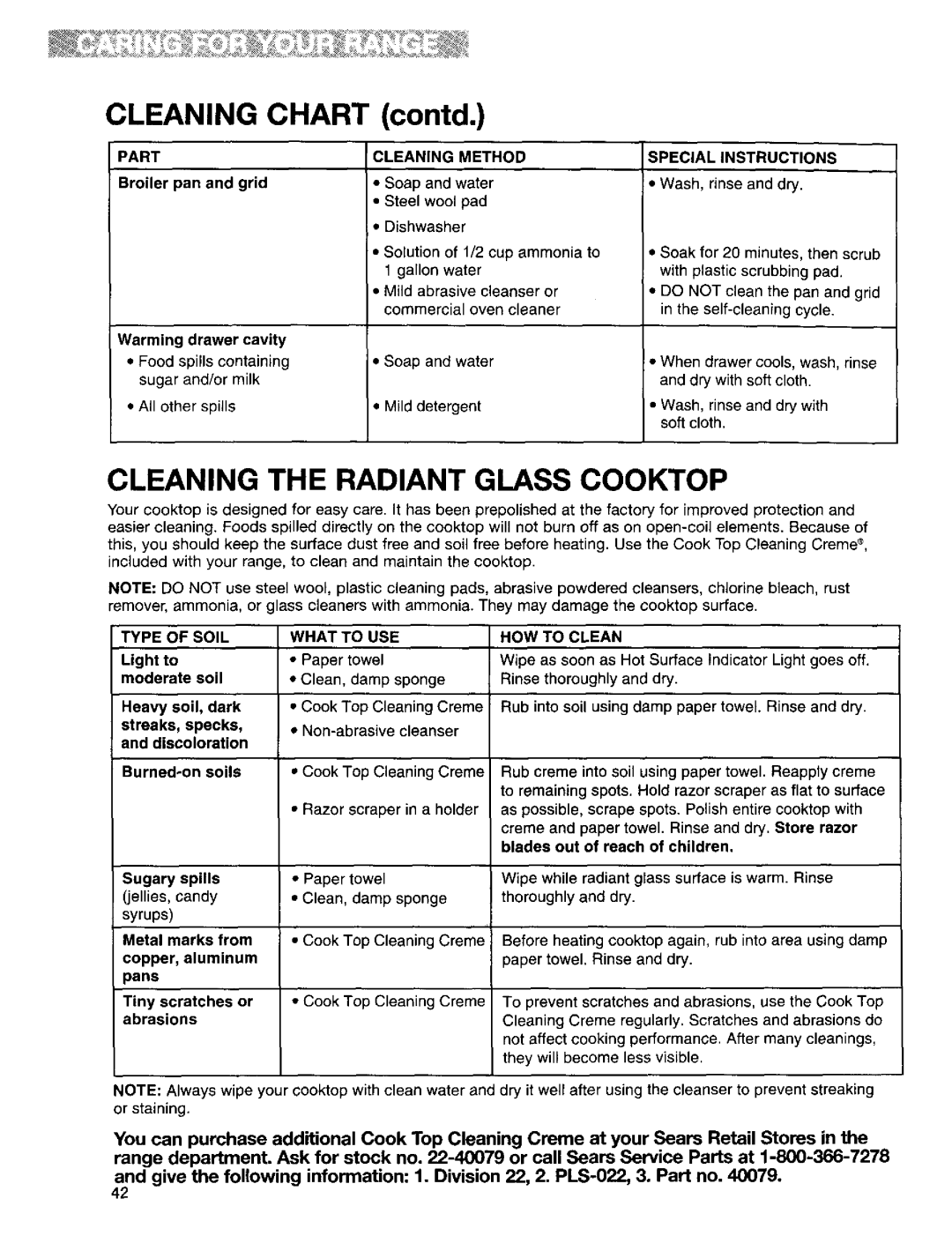 Kenmore 665.95822, 665.95824, 665.95829 manual Cleaning Chart contd, Cleaning the Radiant Glass Cooktop 