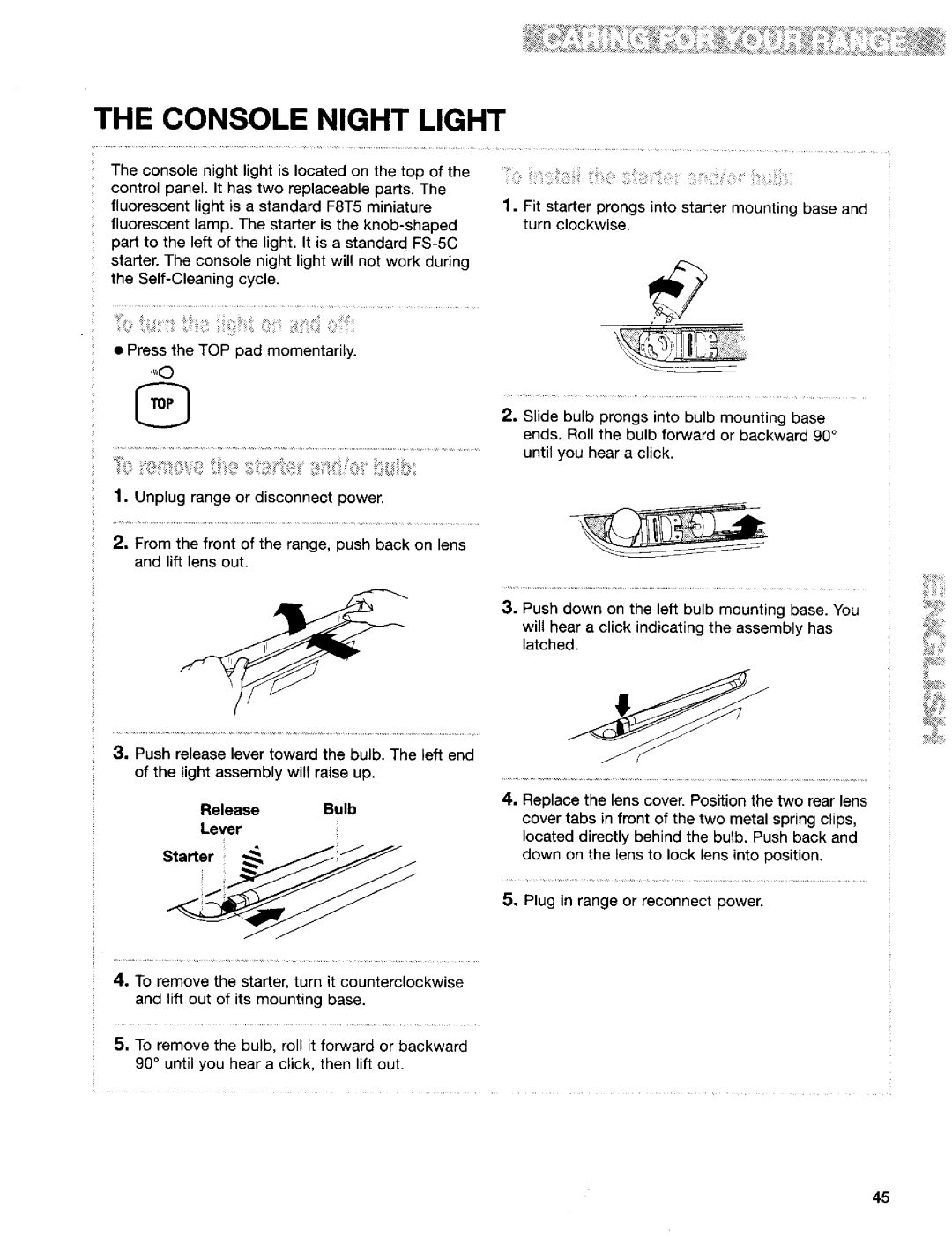Kenmore 665.95822, 665.95824, 665.95829 manual Console Night Light, ReleaseBulb Lever Starter j 