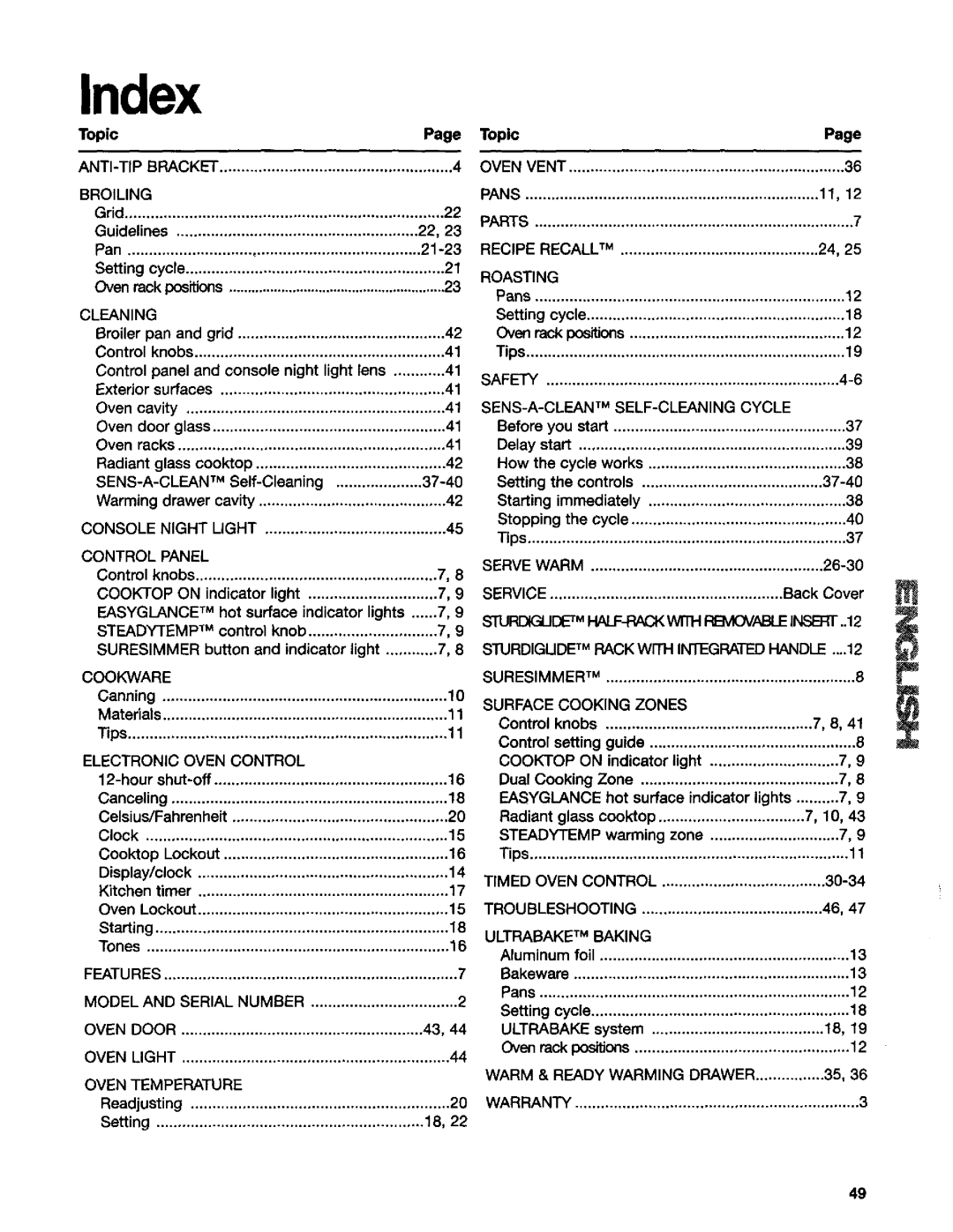 Kenmore 665.95824, 665.95822, 665.95829 manual Index 