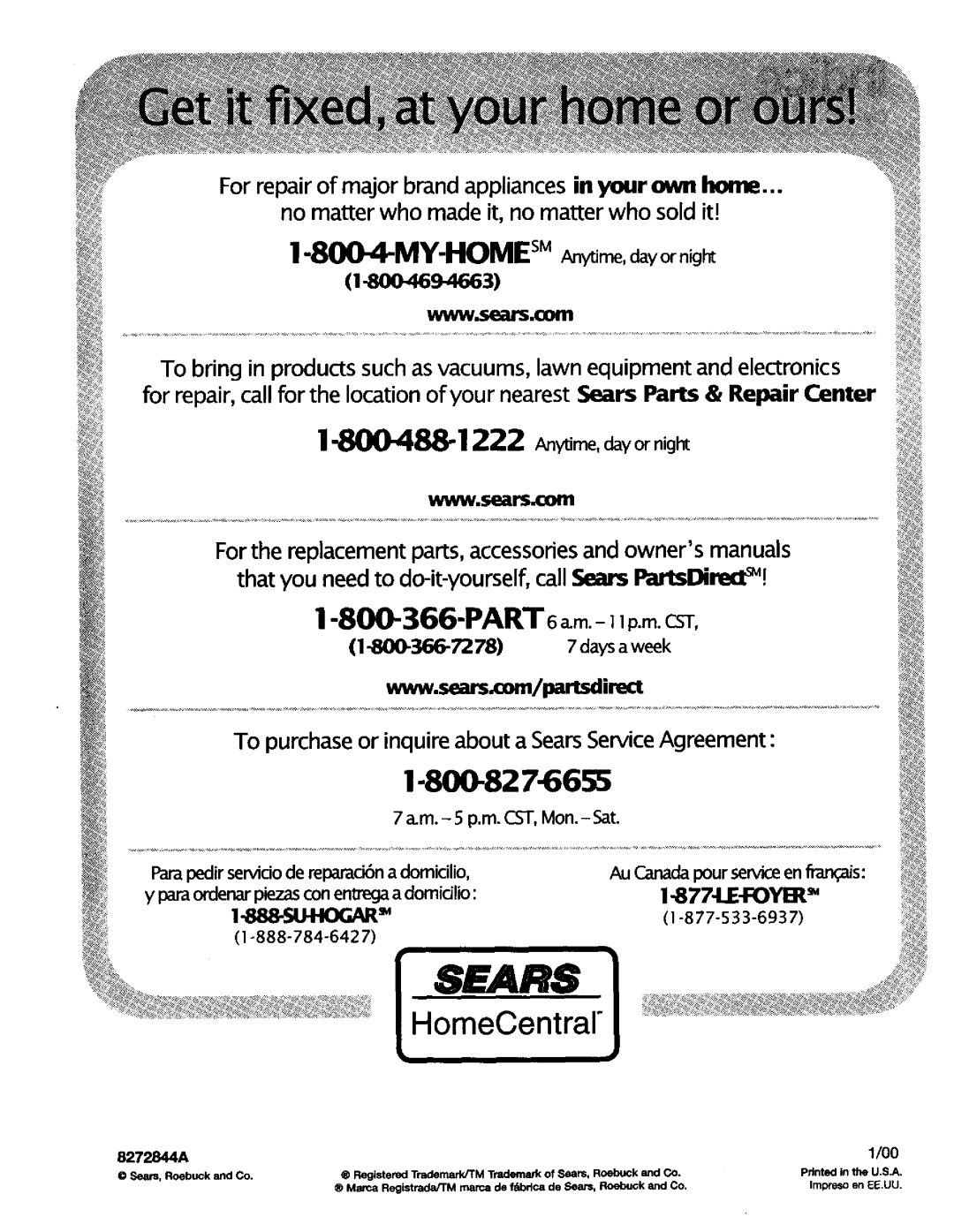 Kenmore 665.95829, 665.95822, 665.95824 manual PART6a.m.- 11 p.m. CST, 8272844A 