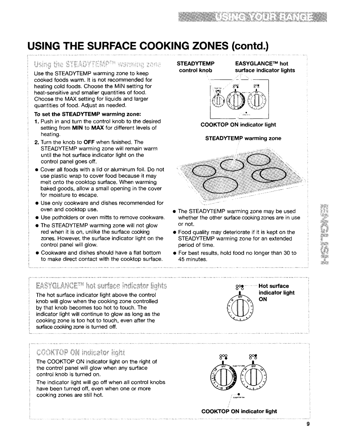 Kenmore 665.95822 Using the Surface Cooking Zones contd, To set the Steadytemp warming zone, Steadyfemp Easyglance TM, Hot 