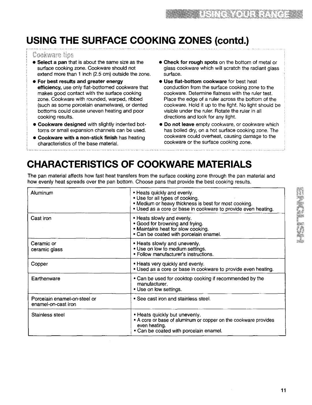 Kenmore 665.95829, 665.95822, 665.95824 manual Characteristics Of Cookware Materials, USING THE SURFACE COOKING ZONES contd 