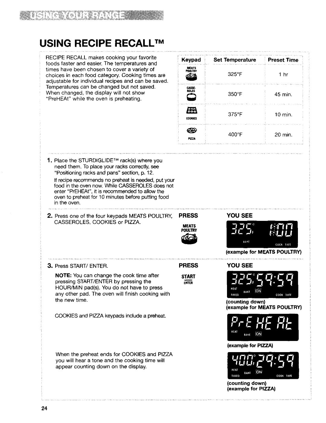 Kenmore 665.95822, 665.95824 manual Using Recipe Recall Tm, Keypad Set Temperature Preset Time, Press, Start, counting down 
