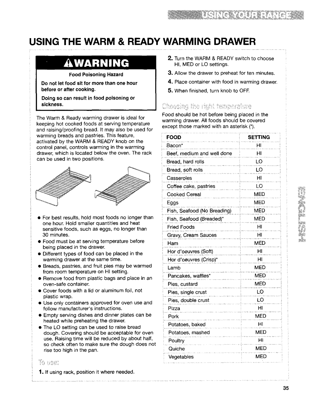 Kenmore 665.95829, 665.95822, 665.95824 manual Using The Warm & Ready Warming Drawer, Food Poisoning Hazard, Setting 