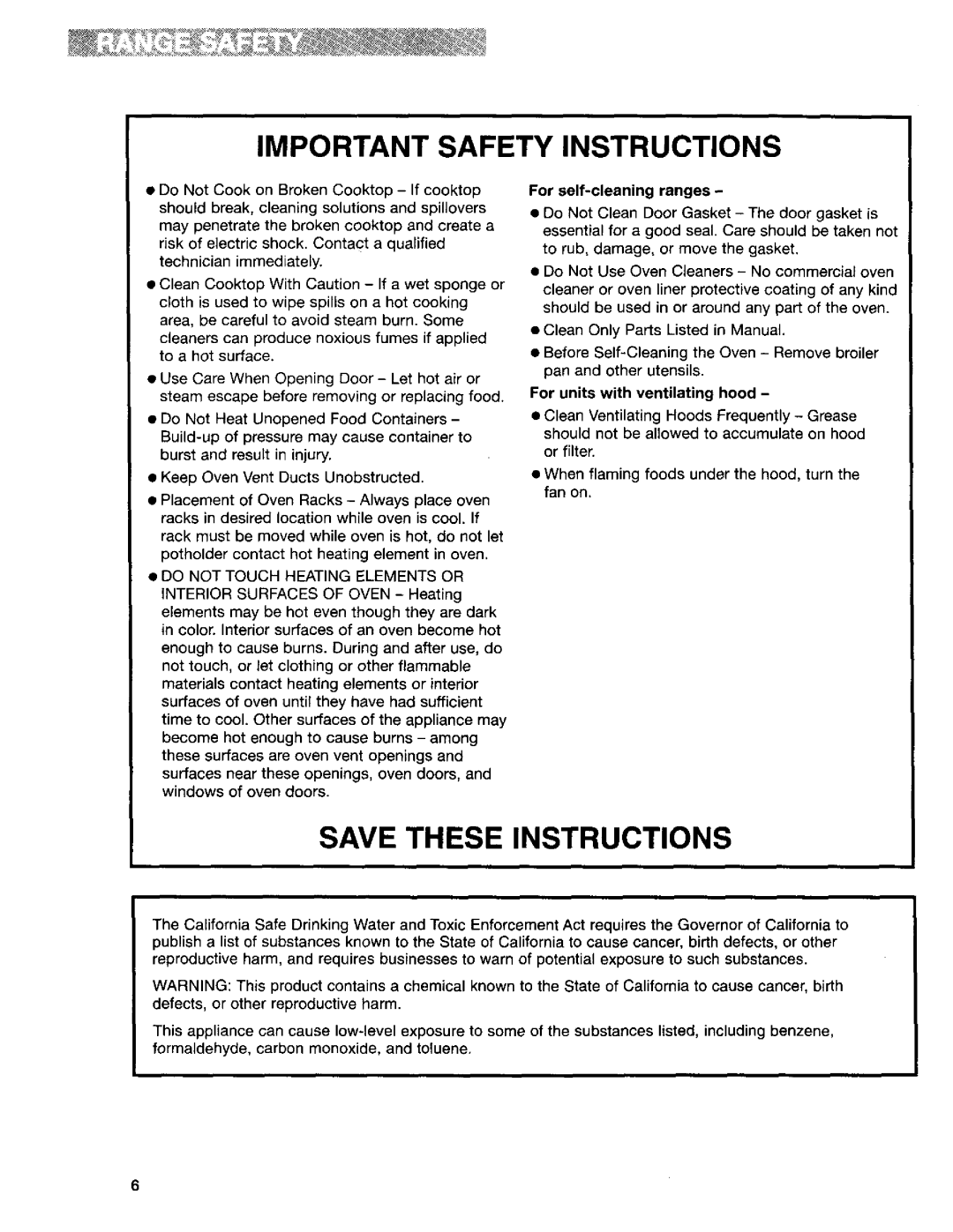 Kenmore 665.95822, 665.95824, 665.95829 Important Safety Instructions, Save These Instructions, For self-cleaningranges 