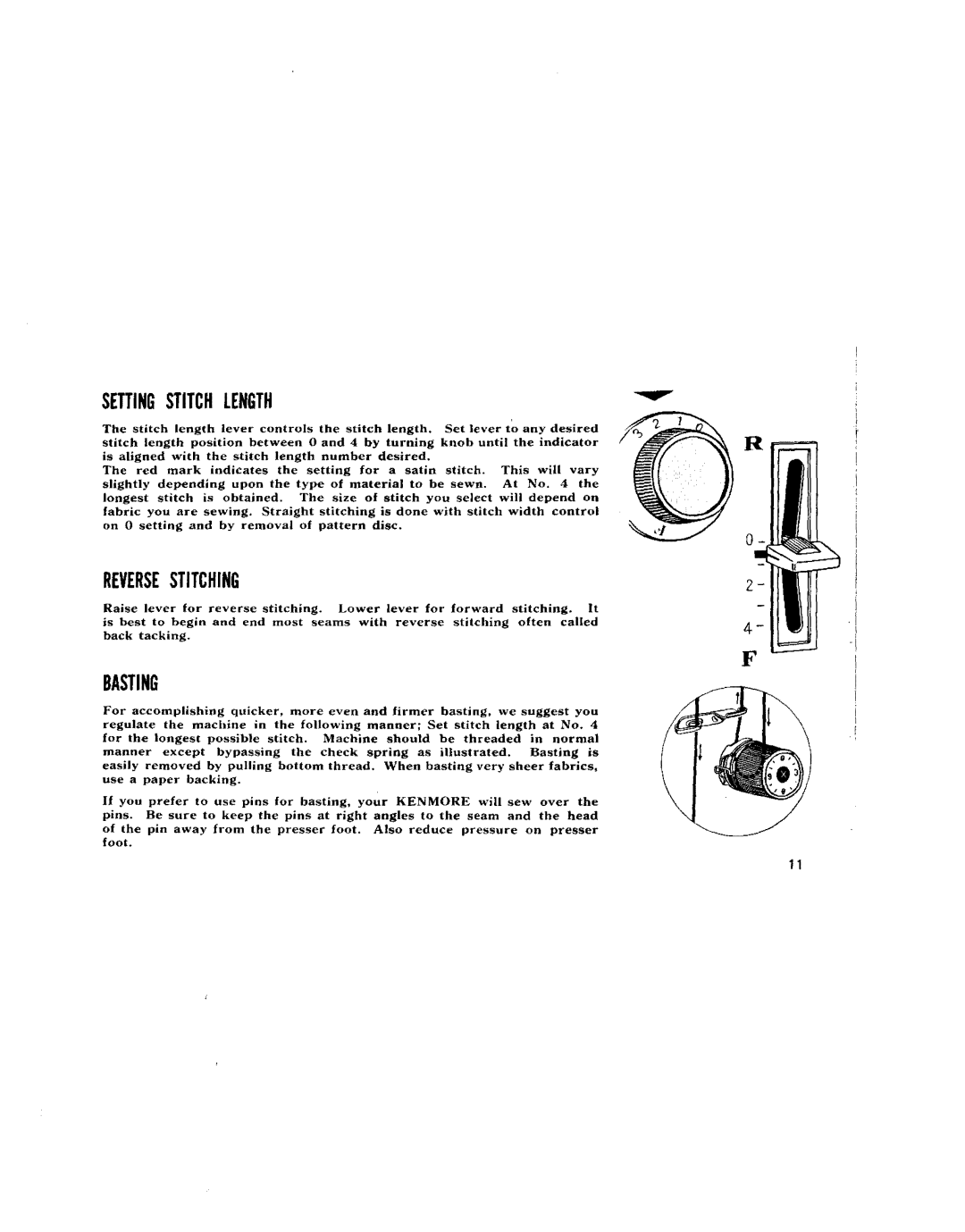 Kenmore 96, 68, 95, 1750, 1651, 1600, 1654, 1652, 1650 manual Settingstitchlength, Reversestitching, Basting 