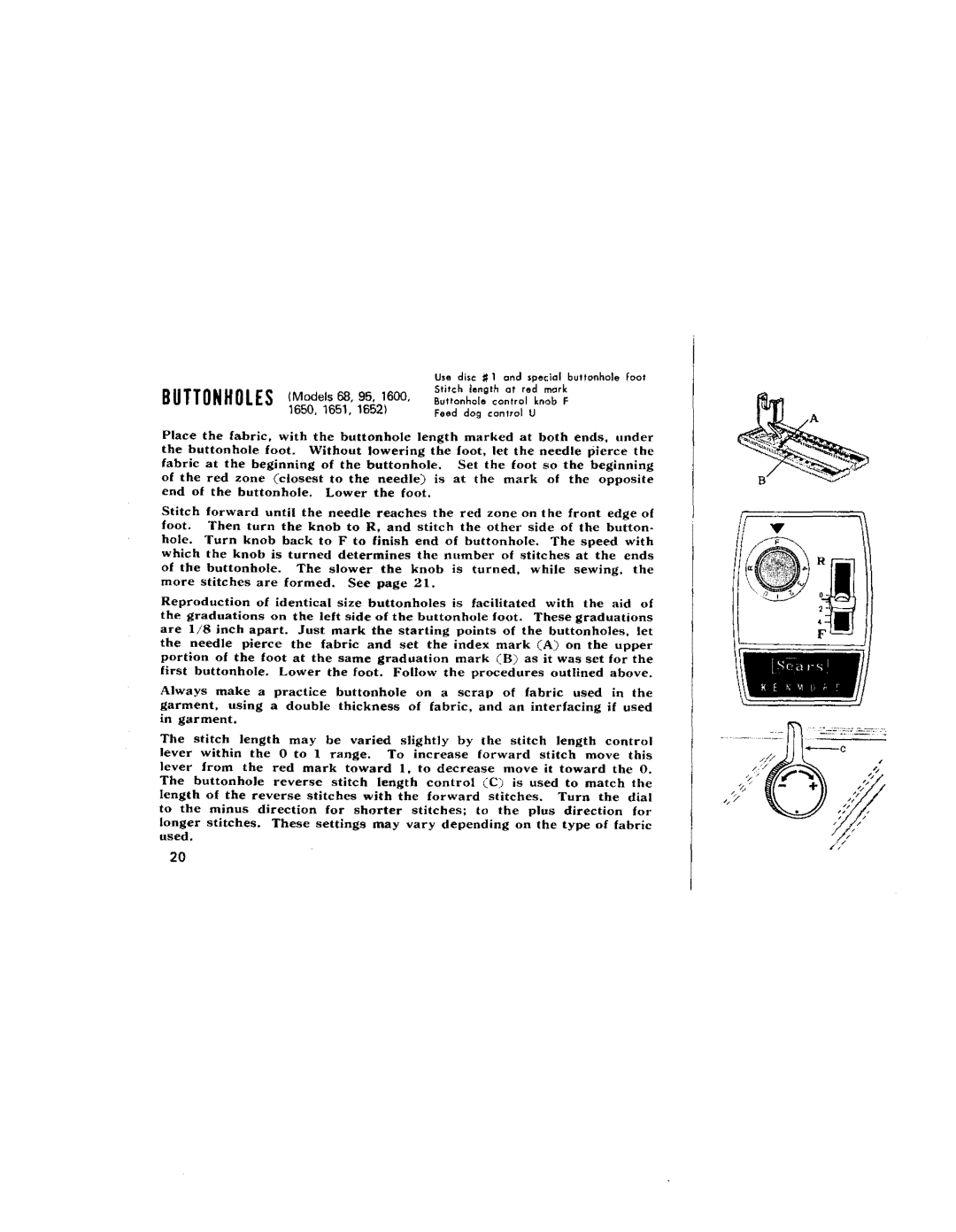 Kenmore 96, 68, 95, 1750, 1651, 1600, 1654, 1652, 1650 manual Buttonholes 