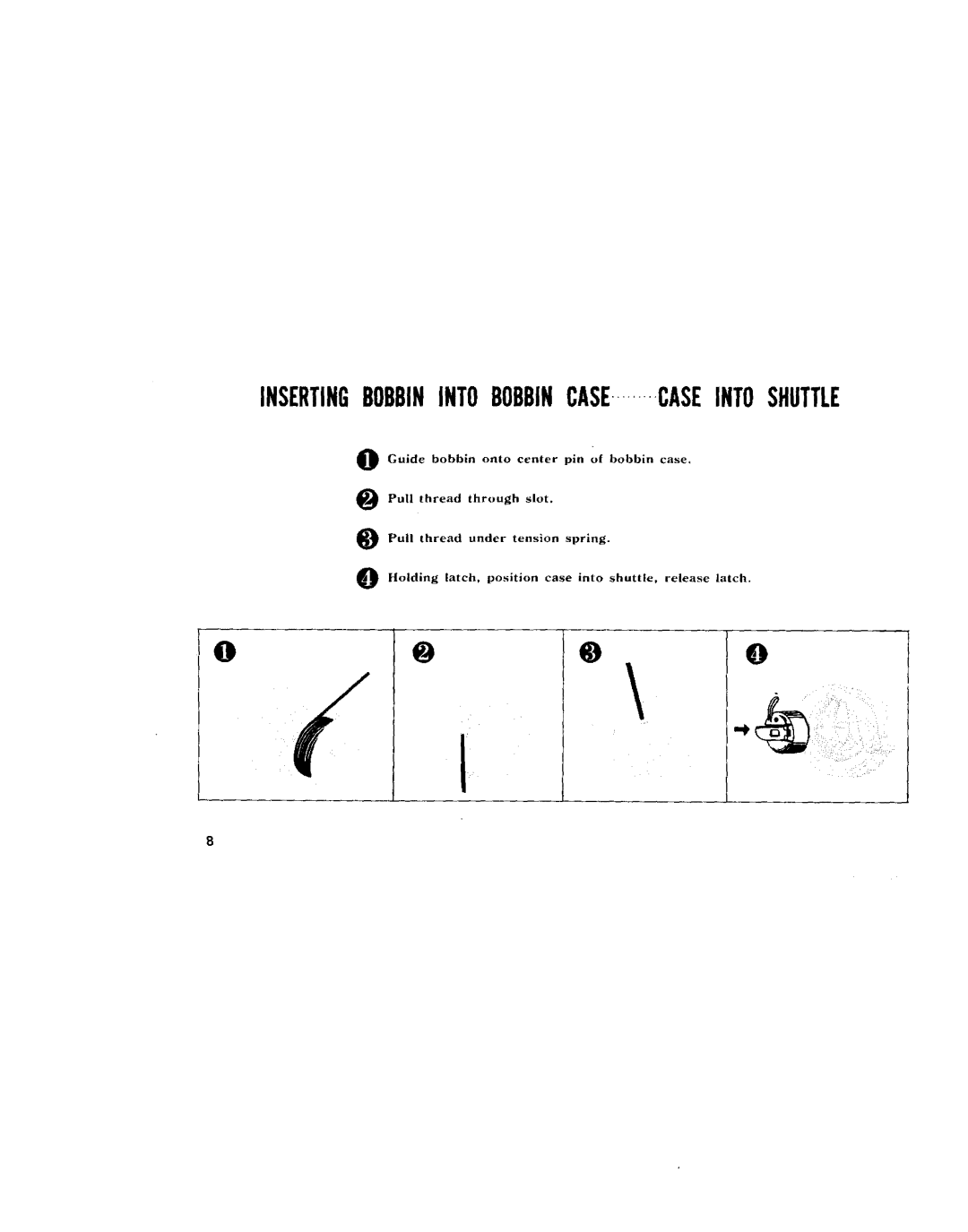 Kenmore 68, 95, 1750, 96, 1651, 1600, 1654, 1652, 1650 manual Insertingbobbinintobobbincase.........Caseintoshuttle 