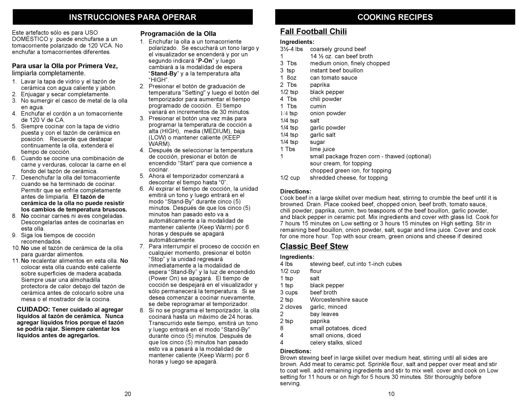 Kenmore 68332 Instrucciones Para Operar Cooking Recipes, Fall Football Chili, Classic Beef Stew, Programación de la Olla 