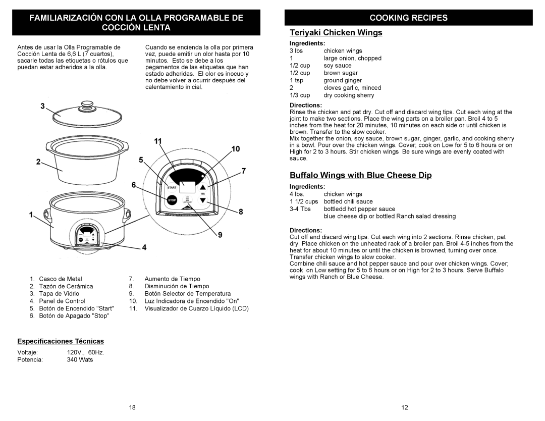 Kenmore 68332 owner manual Teriyaki Chicken Wings, Buffalo Wings with Blue Cheese Dip, Especificaciones Técnicas 