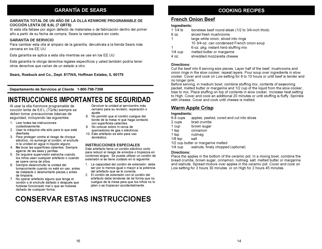 Kenmore 68332 Garantía DE Sears, French Onion Beef, Warm Apple Crisp, Garantía DE Servicio, Instrucciones Especiales 