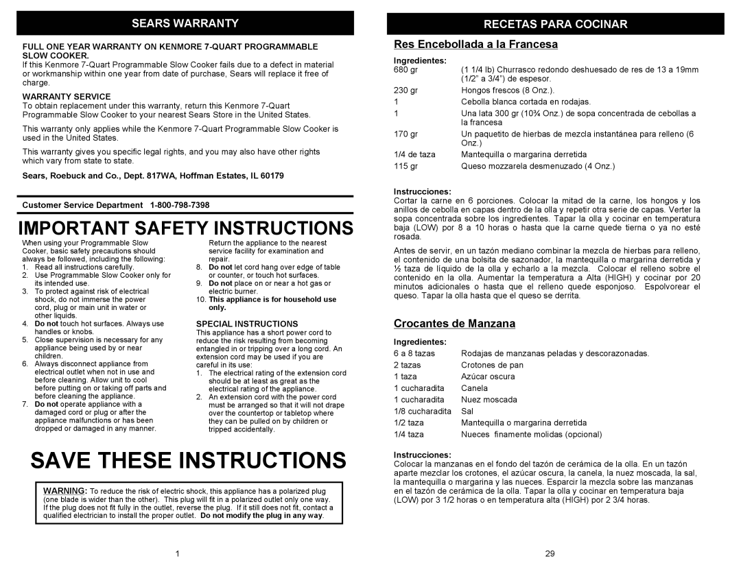 Kenmore 68332 owner manual Sears Warranty, Recetas Para Cocinar, Res Encebollada a la Francesa, Crocantes de Manzana 