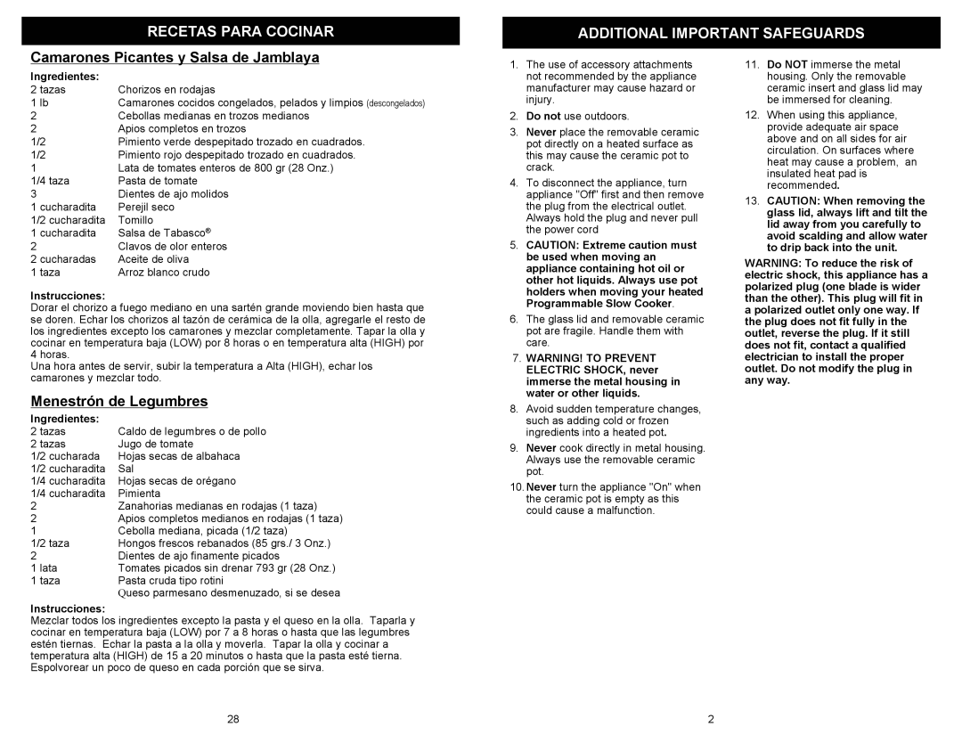 Kenmore 68332 owner manual Additional Important Safeguards, Menestrón de Legumbres 