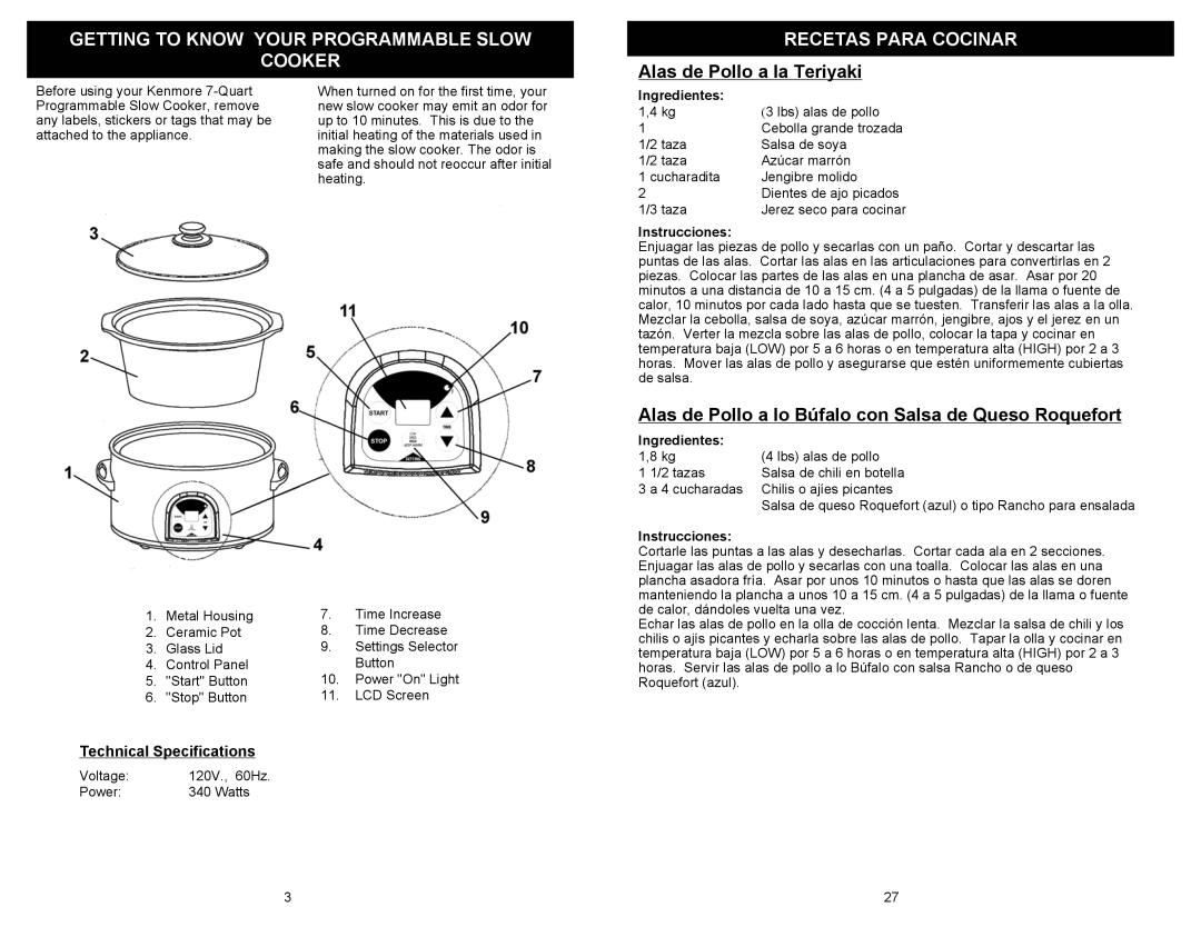 Kenmore 68332 owner manual Alas de Pollo a la Teriyaki, Alas de Pollo a lo Búfalo con Salsa de Queso Roquefort 