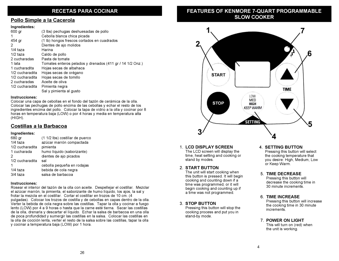 Kenmore 68332 Pollo Simple a la Cacerola, Costillas a la Barbacoa, Features of Kenmore 7-QUART Programmable Slow Cooker 