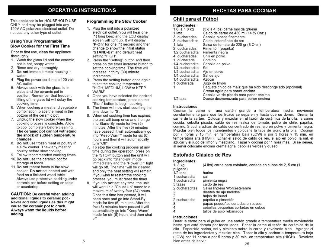 Kenmore 68332 owner manual Operating Instructions, Estofado Clásico de Res, Programming the Slow Cooker 