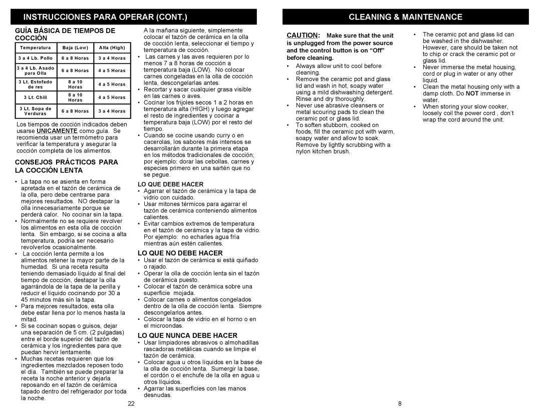 Kenmore 68332 Instrucciones Para Operar Cleaning & Maintenance, Guía Básica DE Tiempos DE Cocción, LO QUE no Debe Hacer 