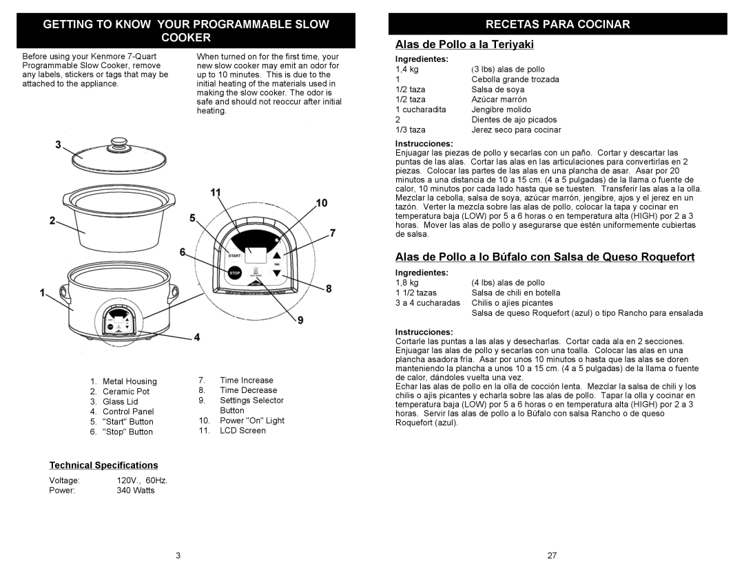 Kenmore 68332 Getting To Know Your Programmable Slow Cooker, Alas de Pollo a la Teriyaki, Technical Specifications 