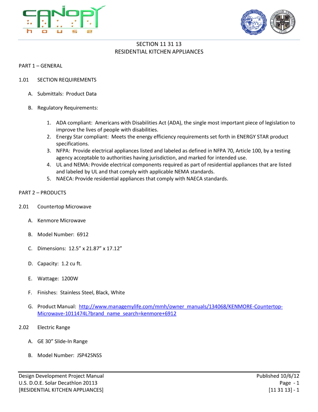 Kenmore 6912 specifications Residential Kitchen Appliances, Part 1 General Section Requirements, Part 2 Products 