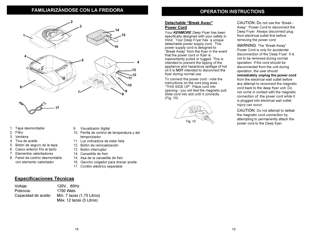 Kenmore 69298 owner manual Familiarizándose CON LA Freidora Operation Instructions, Detachable Break Away Power Cord 