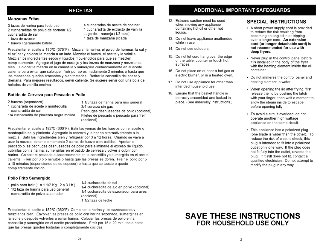 Kenmore 69298 owner manual Recetas Additional Important Safeguards, Manzanas Fritas, Batido de Cerveza para Pescado o Pollo 