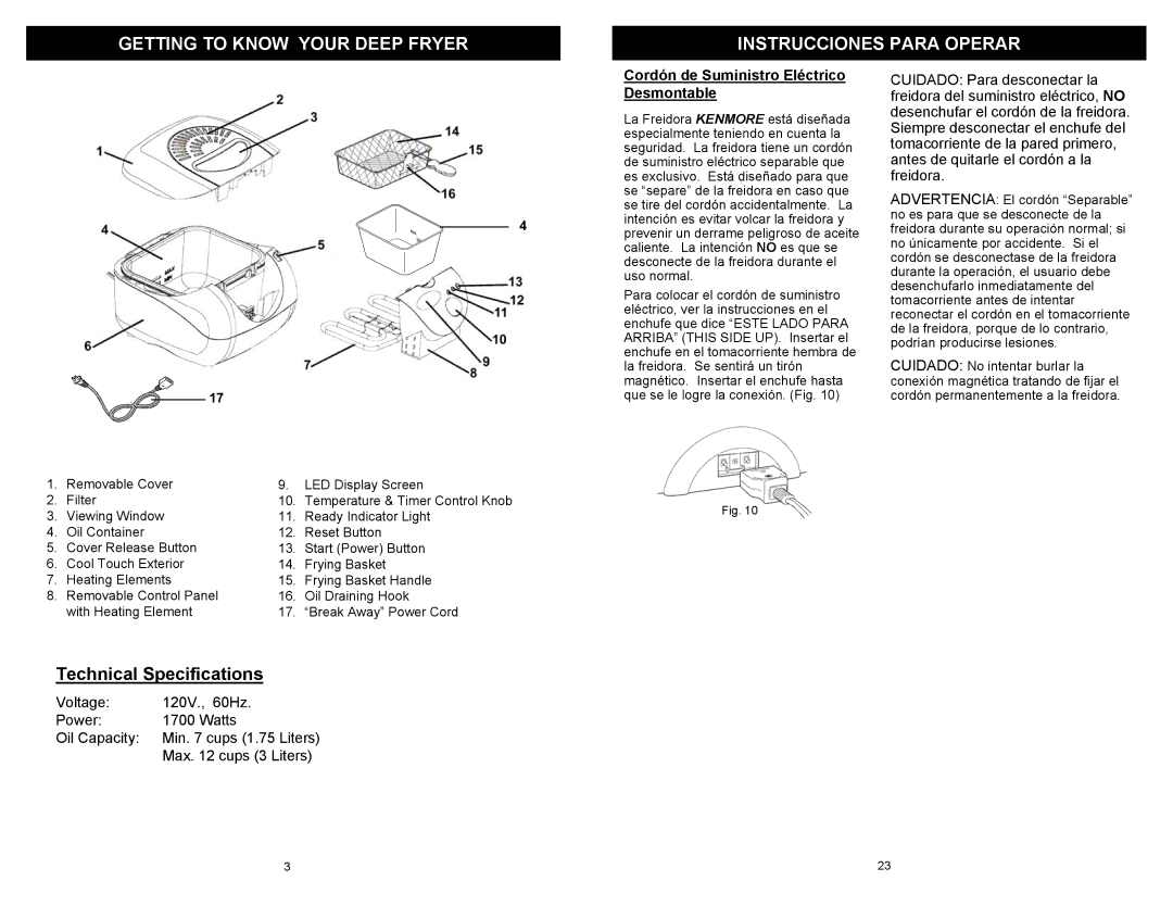 Kenmore 69298 Getting to Know Your Deep Fryer Instrucciones Para Operar, Cordón de Suministro Eléctrico Desmontable 