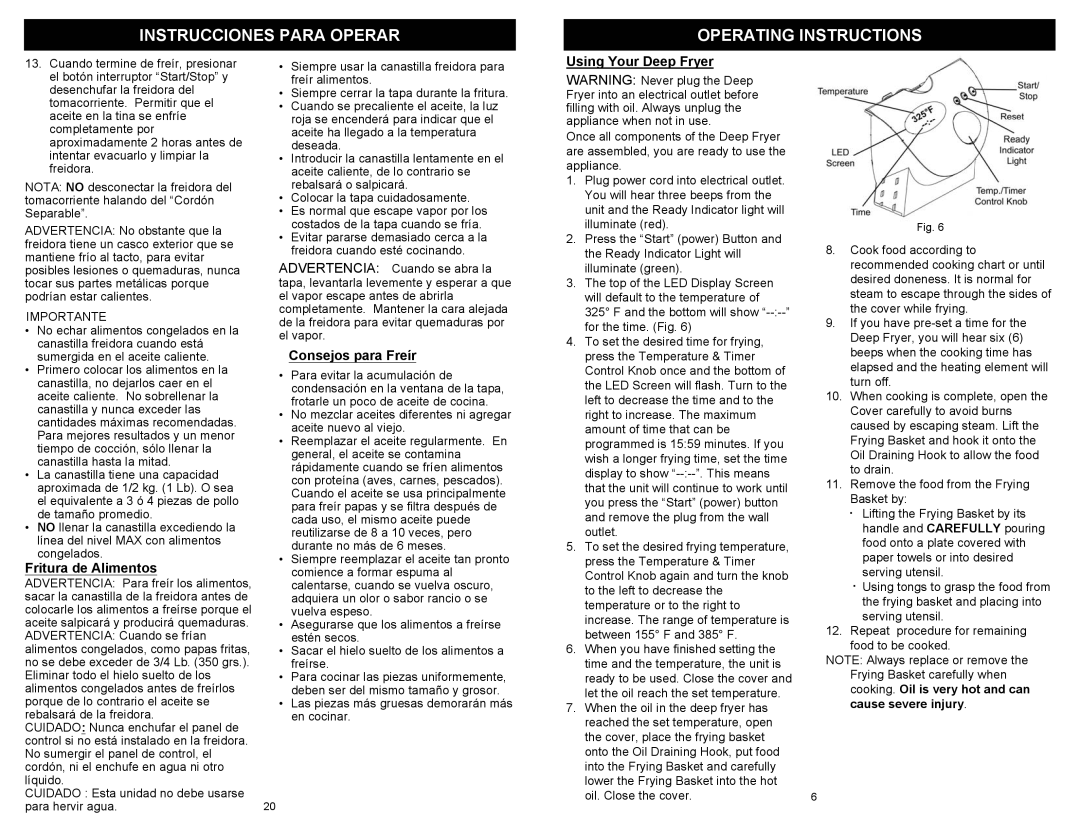 Kenmore 69298 owner manual Instrucciones Para Operar Operating Instructions, Fritura de Alimentos, Consejos para Freír 