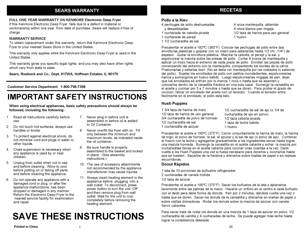 Kenmore 69298 Save These Instructions, Important Safety Instructions, Sears Warranty, Recetas, Warranty Service 