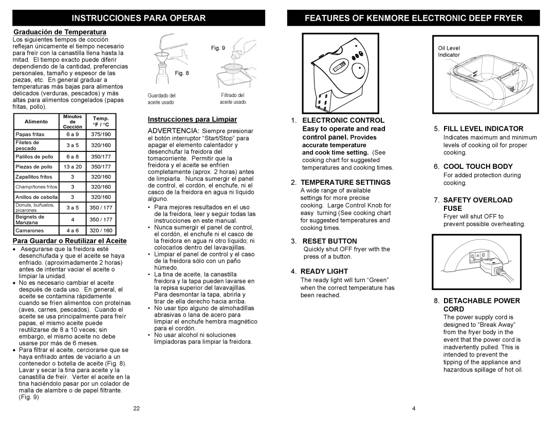 Kenmore 69298 owner manual Features Of Kenmore Electronic Deep Fryer, Instrucciones Para Operar 