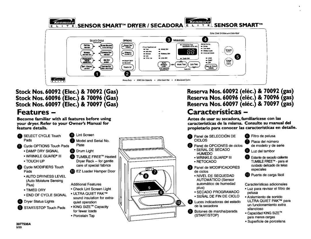 Kenmore 70096, 70097, 60092, 70092, 60096, 60097 owner manual SENSORSMA. Secaoo S Nsorsmar, Features, Caracteristicas 