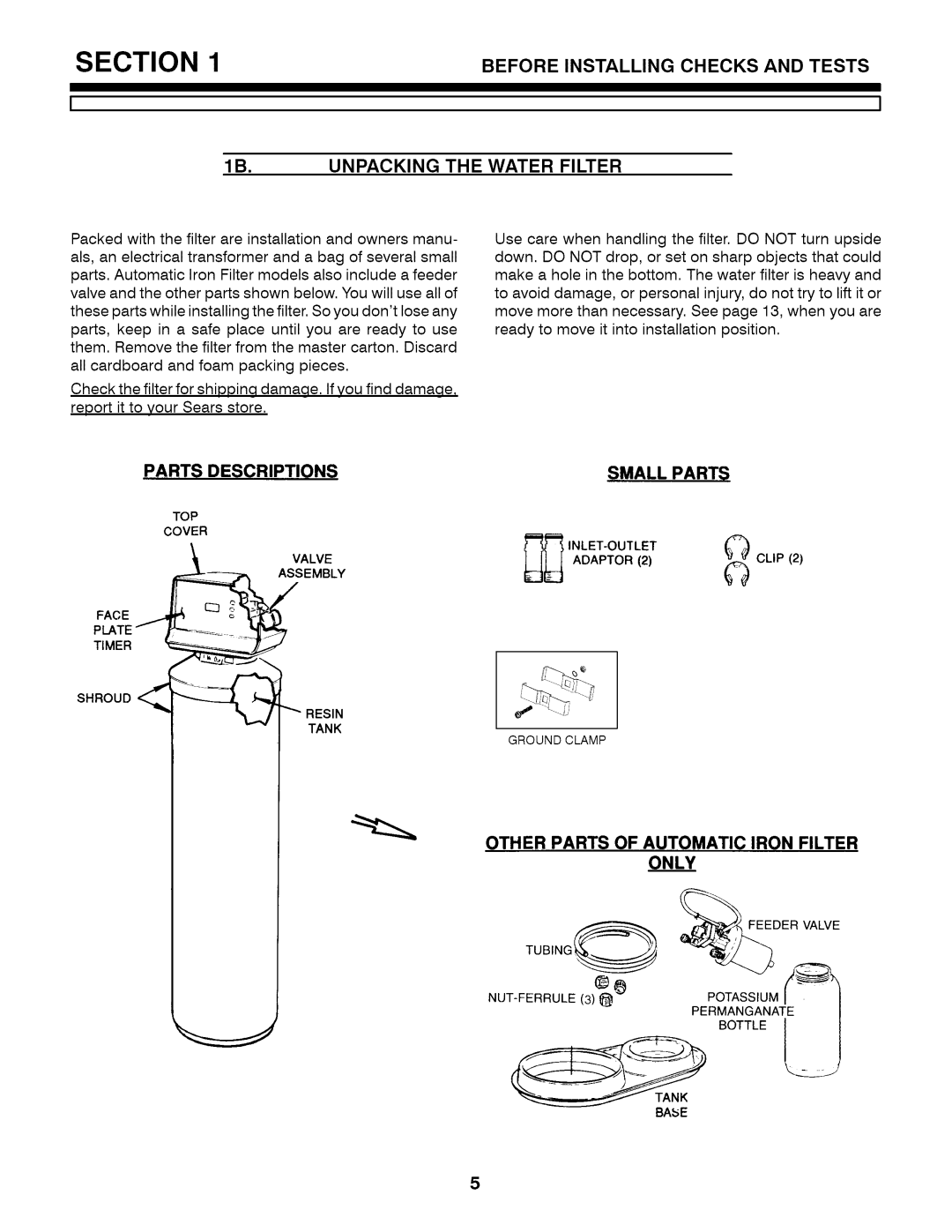 Kenmore 7146611 installation manual Other Parts of Automatic Iron Filter Only, Parts Descriptions Small 