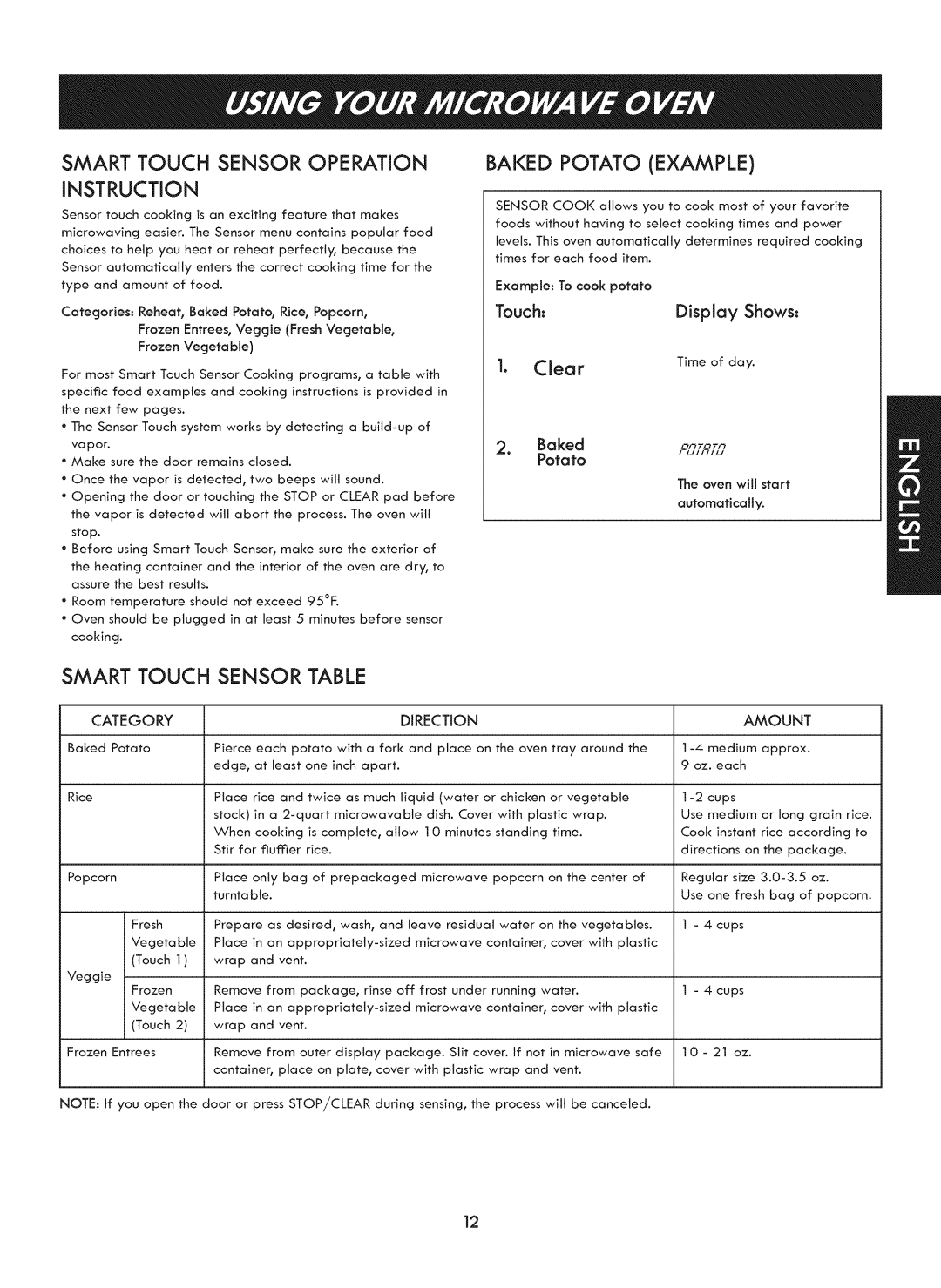 Kenmore 721. 7920 manual Smart Touch Sensor Operation, INSTRUCTiON, Baked Potato Example 