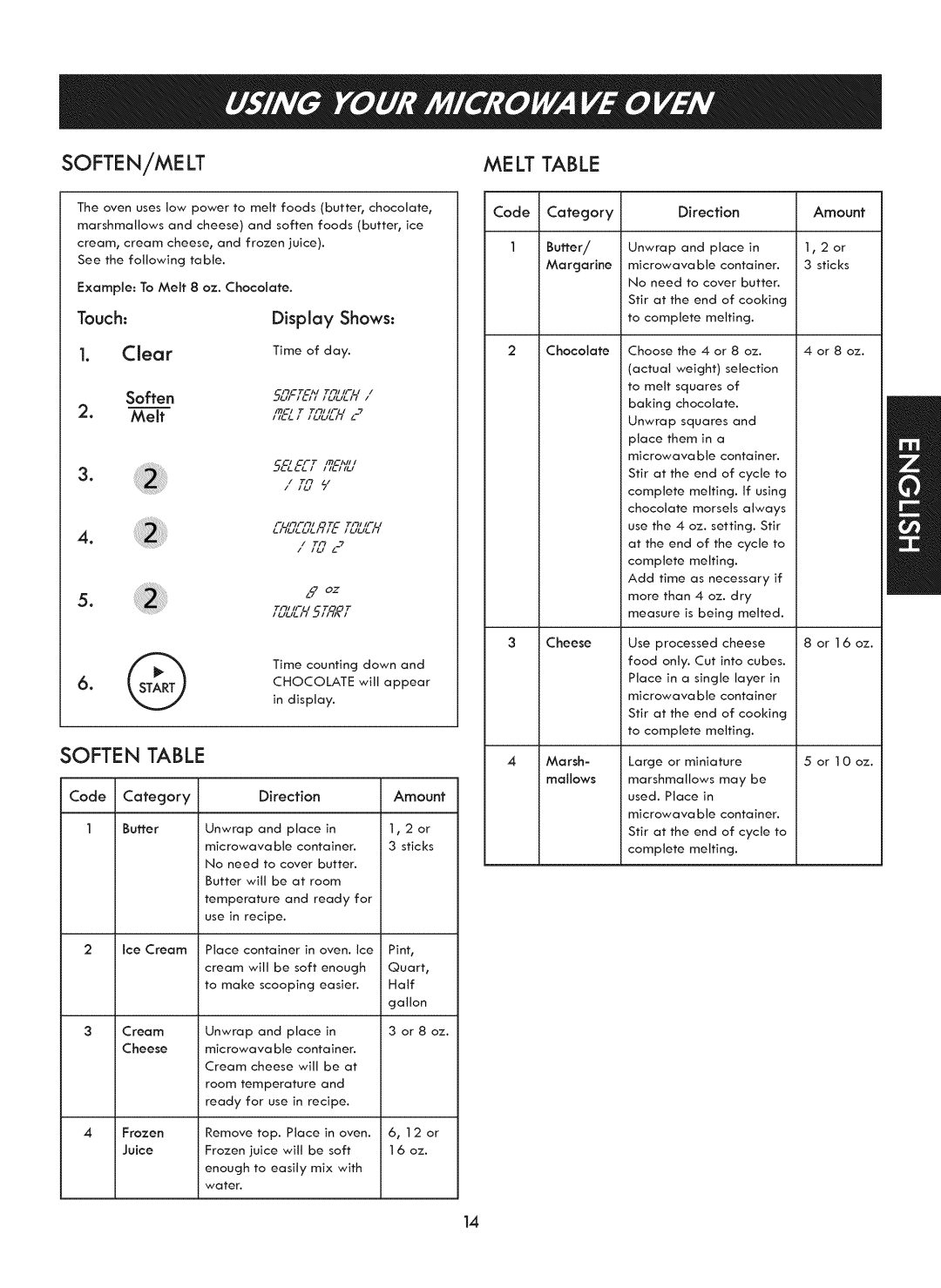 Kenmore 721. 7920 manual Soften/Melt, Me Lt Tab Le, Soften Table 