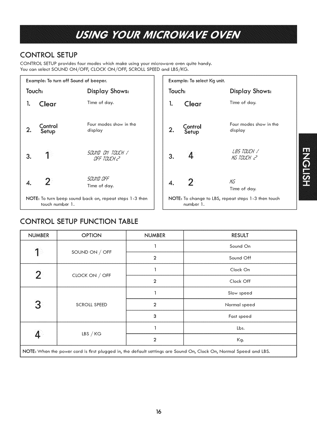 Kenmore 721. 7920 manual Control Setup Function Table, Touch Display, Setup Display 