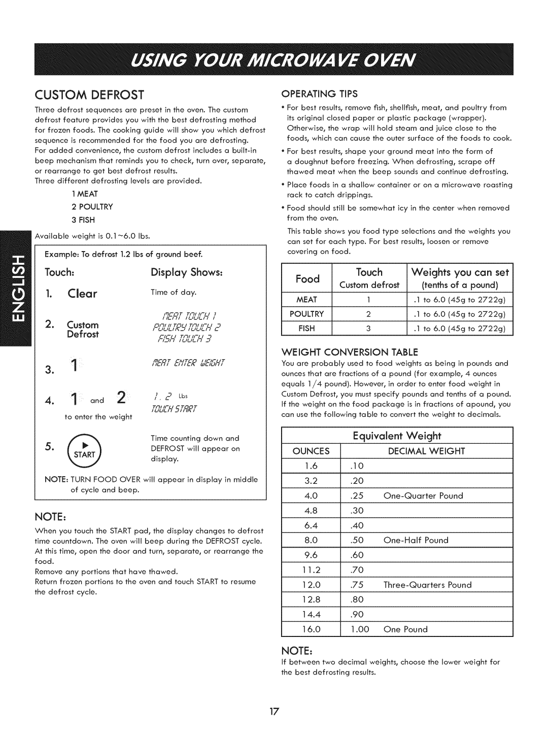 Kenmore 721. 7920 manual Custom Defrost, Touch Display Shows Food Touch Weights you can set, Equivalent Weight, One-Half 